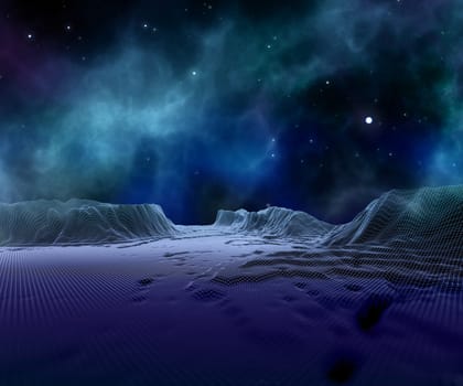 3D render of an abstract wireframe landscape against space sky