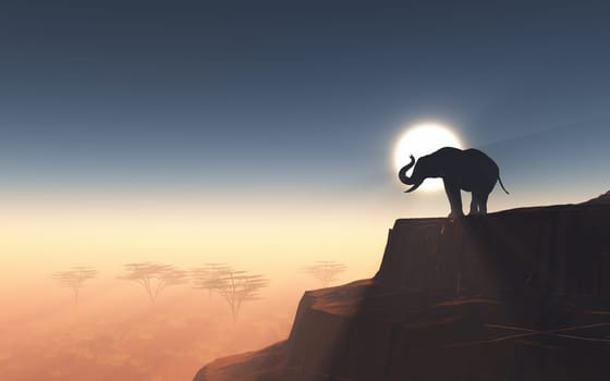 3D render of an elephant on a cliff against a sunset sky