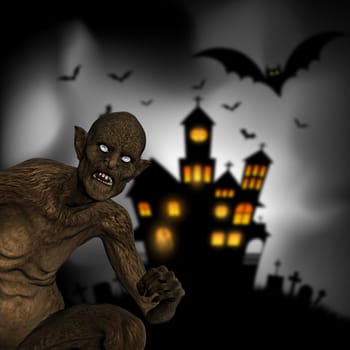 3D render of an evil demon on a defocussed Halloween background