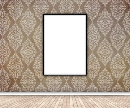 3D render of an interior with blank picture hanging on damask wallpaper
