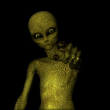 3D render of an evil looking green alien pointing finger