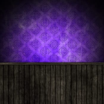 3D render of an interior wall with grunge wallpaper and wooden planks
