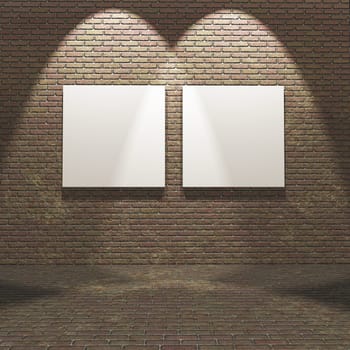 3D render of an interior with blank canvases on a brick wall