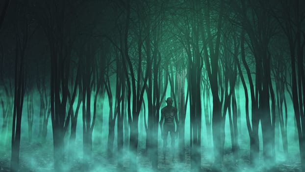 3D render of an evil Halloween creature in a foggy forest