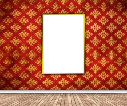 3D render of an interior with blank picture hanging on damask wallpaper