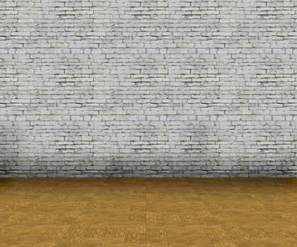 3D render of an empty interior with brick wall and wooden floor