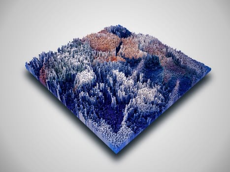 3D render of an isometric cube landscape with extruding blocks