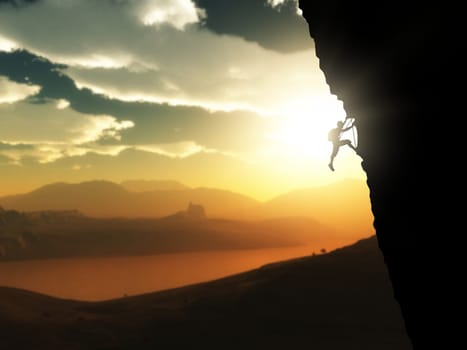 3D render of an extreme rock climber against a sunset landscape
