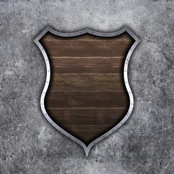 3D render of an old metal and wood shield on grunge concrete background