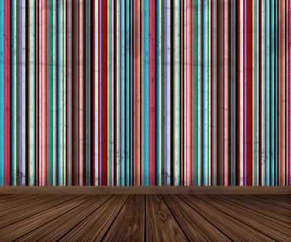 3D render of an interior with grunge striped wallpaper and wooden floor