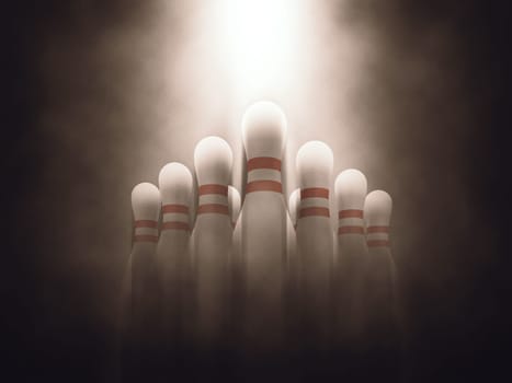 3D render of an image of ten pin bowling skittles with moody lighting