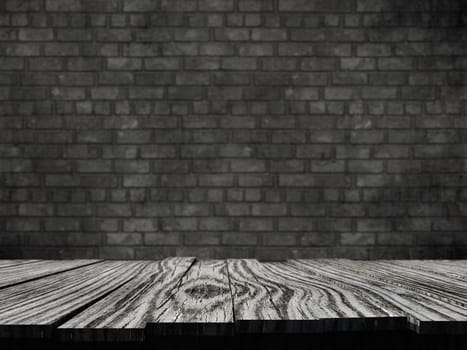 3D render of an old rustic table against a brick wall background