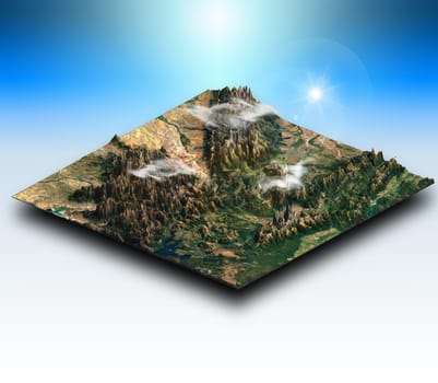 3D render of an isometric terrain of a mountainous landscape