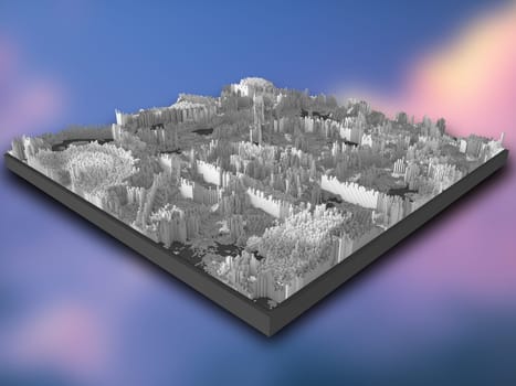 3D render of an isometric landscape of grey extruding cubes on a gradient blur background
