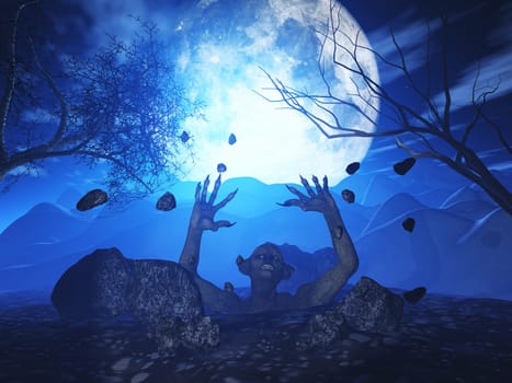 3D render of an evil zombie erupting out of the ground against a Halloween landscape