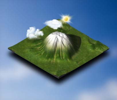 3D render of an isometric landscape design with clouds and sun