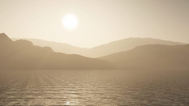 3D render of an ocean against a mountain landscape in sepia tones