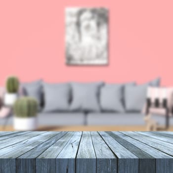 3D render of an old wooden table against a modern defocussed lounge interior