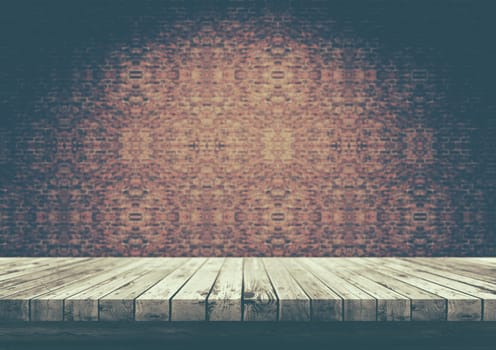 3D render of an old wooden table looking out to a brick wall vintage style