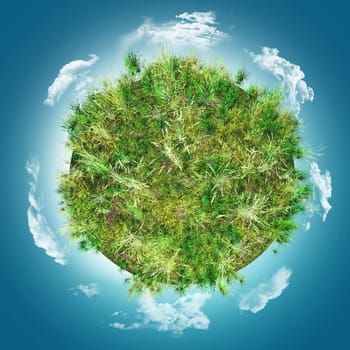 3D render of grassy globe against a blue cloudy sky