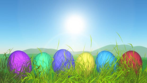 3D render of easter eggs in grassy landscape