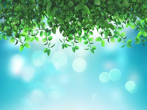 3D render of green leaves on a defocussed blue background