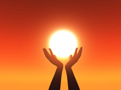 3D render of female hands cupping sun in sunset sky