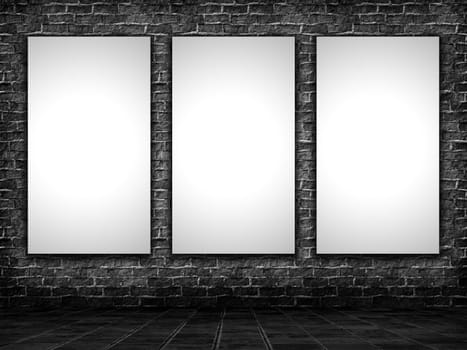 3D render of blank pictures hanging in a grunge interior with brick wall and tiled floor