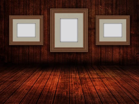 3D render of hanging blank picture frames in a wooden grunge room interior