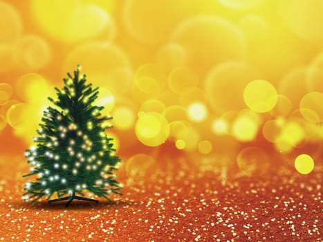 3D render of christmas tree with lights on gold bokeh background