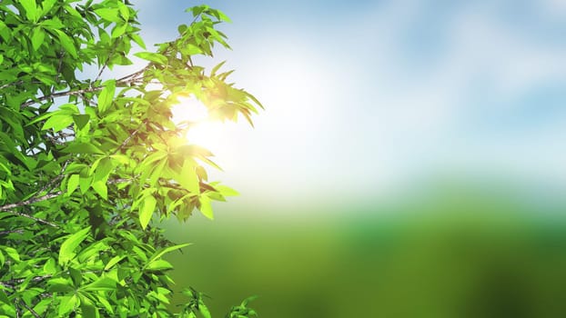 3D render of leaves against a defocussed landscape background