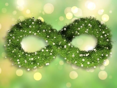 3D render of grass and daisies in the shape of an infinity symbol on a bokeh lights design