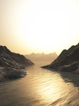 3D render of mountains and sea against a sunset sky