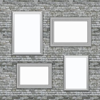 3D render of blank picture frames hanging on an old brick wall