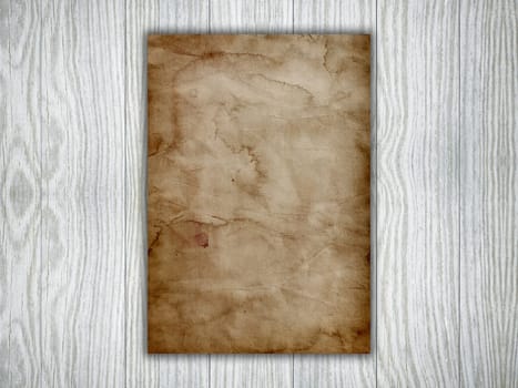 3D render of old paper on a white wooden texture