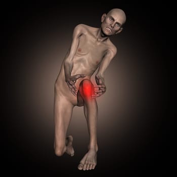 3D render of an old thin man holding knee in pain