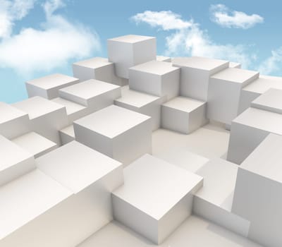 3D render of extruding cubes on blue sky background