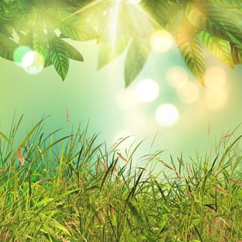 3D render of leaves and grass on a bokeh lights background