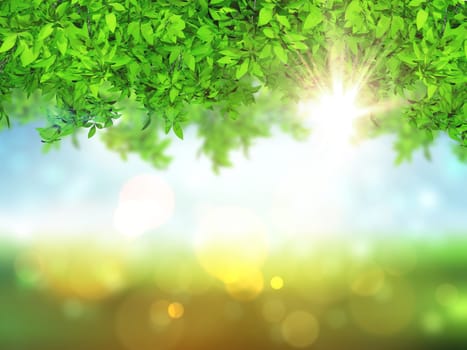 3D render of leaves on a defocussed background with bokeh lights