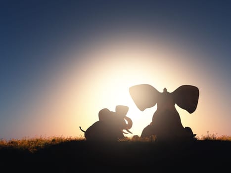 3D render of elephants sat against a sunset sky