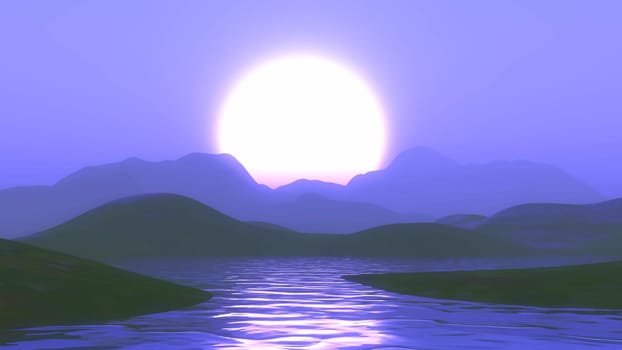 3D render of mountains and lake against a purple sunset sky