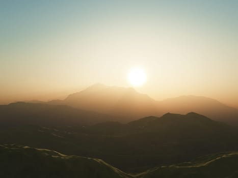 3D render of mountains against a sunset sky