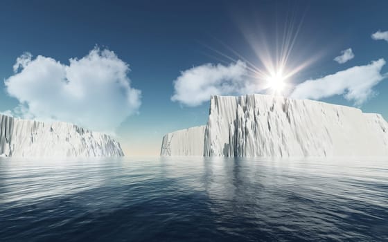 3D render of icebergs against blue sky with fluffy white clouds