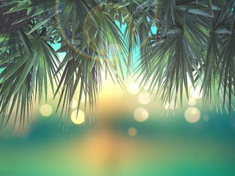 3D render of palm tree leaves on defocussed background