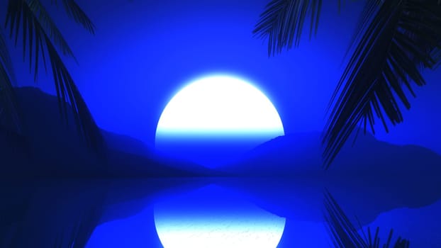 3D render of palm tree leaves against a moonlit sky