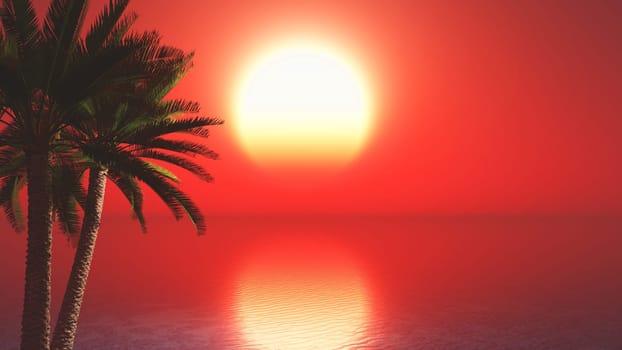 3D render of palm trees against sunset ocean landscape