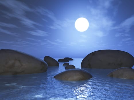 3D render of rocks in ocean against sunset sky
