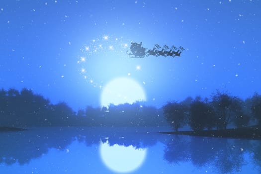 3D render of santa flying through the sky against a sunset landscape
