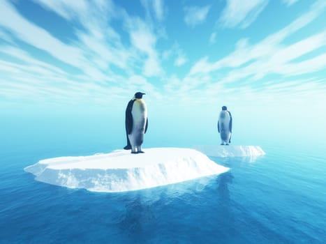 3D render of penguins on floating ice