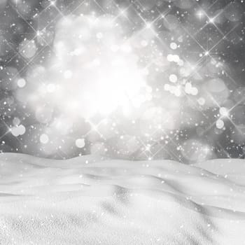 3D render of snow against a starry bokeh lights background